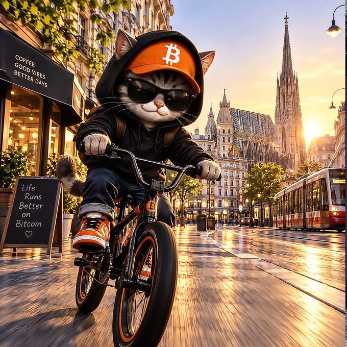 A digital illustration depicts an anthropomorphic cat wearing sunglasses and an orange Bitcoin cap, riding a BMX bike through a sunny European city street near a Gothic cathedral and tram.