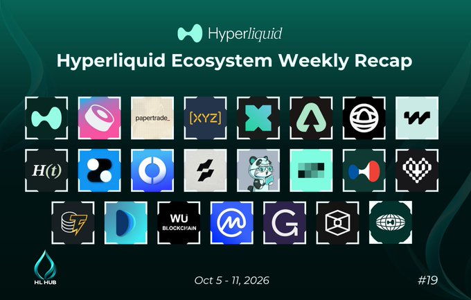 A 'Hyperliquid Ecosystem Weekly Recap' graphic dated Oct 5-11, 2026, displaying a grid of project logos including papertrade, [XYZ], and WU BLOCKCHAIN, with 'HL HUB' branding at the bottom left.