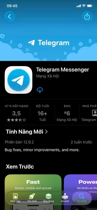 The Apple App Store page for the Telegram Messenger app, version 12.9.2, showing it's ranked #6 in Social Networking.