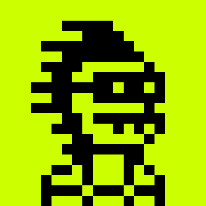 A black pixel-art figure on a bright yellow-green background.