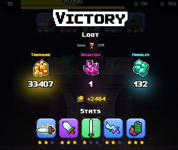 A video game victory screen showing 'VICTORY' at the top with loot rewards: 33,407 treasure, 1 bounty, and 132 marbles, plus +2484 gold and a stats section displaying various weapons and items.
