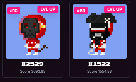 Two pixel-art character cards labeled '#10' and '#69', both showing 'LVL UP' badges, with scores of 82529 (3693.85) and 81522 (1554.88) respectively, featuring a skull-headed character and a ninja-like character.