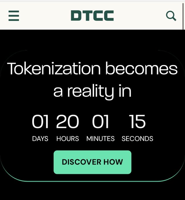 A dark-themed DTCC mobile interface displays a countdown timer reading "01 day, 20 hours, 01 minute, 15 seconds" until "Tokenization becomes a reality," with a "Discover How" button—directly tied to the post's claim about DTCC leading the tokenization movement, often associated with the mentioned #XLM and #XRP crypto communities.
