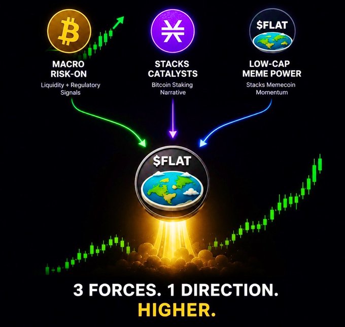 A promotional graphic showing three cryptocurrency icons: Bitcoin (Macro Risk-On), Stacks (Catalysts), and $FLAT (Low-Cap Meme Power), with arrows pointing to $FLAT, surrounded by green chart candles and the text '3 FORCES. 1 DIRECTION. HIGHER.'