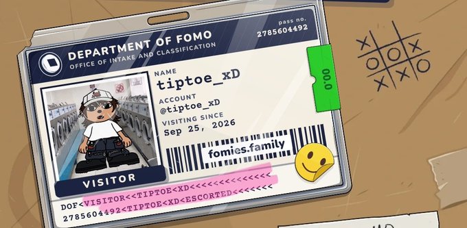 A digital illustration of a 'DEPARTMENT OF FOMO' visitor ID badge shows a cartoon character named 'tiptoe_xD' with a visitor pass number 2785604492.