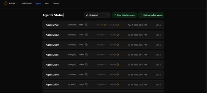 A screenshot of the Bitsec AI Agents dashboard displaying agent statuses such as "Agent 2702," "Agent 2662," and "Agent 2660," with each entry showing an "Evaluated" status and version "v3.1.6." The image illustrates the platform's network of AI agents being evaluated for security, aligning with the post's focus on Bitsec addressing AI-generated code security on the Bittensor network.