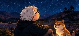 An anime-style illustration of a boy with white hair and glasses looking at a Shiba Inu dog against a starry night sky.