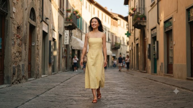 An AI-generated image of an Asian woman in a yellow dress walking and smiling down a cobblestone street in what appears to be an Italian town.