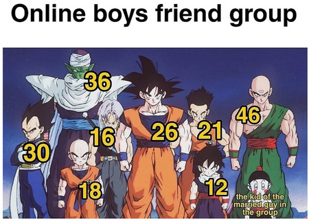 A meme titled 'Online boys friend group' featuring various Dragon Ball characters with age numbers overlaid on them, including characters labeled 30, 36, 16, 26, 21, 18, 46, and 12.