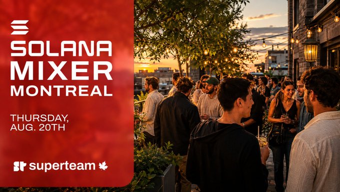 A promotional banner for 'SOLANA MIXER MONTREAL' on Thursday, Aug. 20th features a red panel on the left and a photograph on the right of people socializing at an outdoor evening gathering, hosted by 'superteam' with a Canadian flag icon.