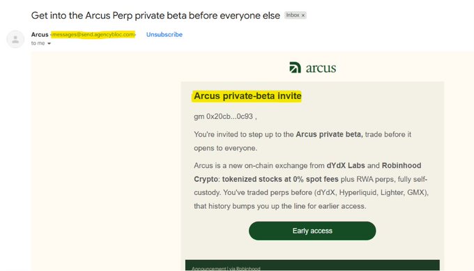 An email invitation from Arcus for a private beta to an on-chain exchange from dYdX Labs and Robinhood Crypto, offering tokenized stocks at 0% spot fees plus RWA perps with an 'Early access' button.