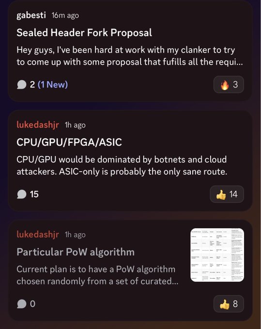 Forum posts showing discussion threads about 'Sealed Header Fork Proposal', 'CPU/GPU/FPGA/ASIC', and 'Particular PoW algorithm' from users gabesti and lukedashjr.