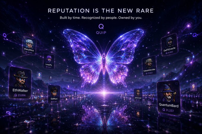 The image features a large butterfly with blue wings, surrounded by stars and floating in space. The butterfly appears to be flying through a cityscape or town below. The text "Reputation is the new rare" is written above the butterfly, and there are several other texts related to reputation and NFTs scattered throughout the image.