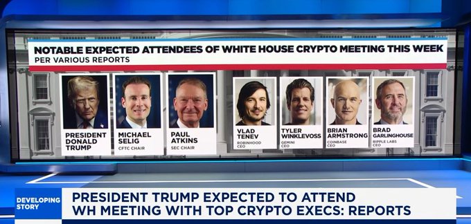 News graphic titled 'President Trump expected to attend WH meeting with top crypto execs: Reports,' showing photos of President Donald Trump, Michael Saylor, Paul Atkins, Vlad Tenev, Tyler Winklevoss, Brian Armstrong, and Brad Garlinghouse.