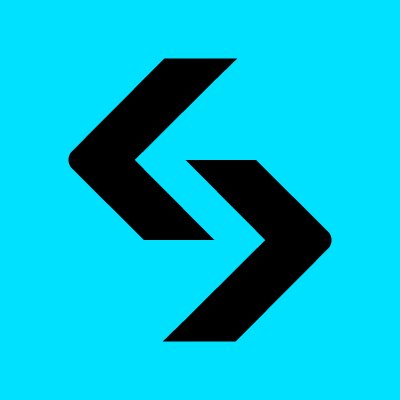 A cyan/turquoise background with a black stylized logo featuring two interlocking arrows pointing in opposite directions.