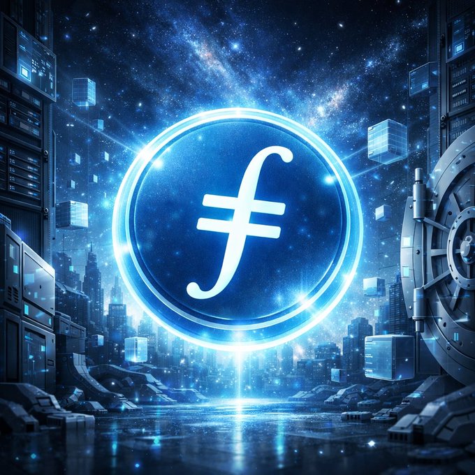 The image features a futuristic cityscape with buildings of various sizes, including a large metallic structure resembling a safe or vault. The city is illuminated by blue lights that create an otherworldly atmosphere. In the center of this scene, there's a logo for Bitcoin, which includes a white circle with a blue "F" inside and a dollar sign symbol on top. The image also contains text that reads: "We trust banks with our money but not decentralized networks with our data? @Filecoin flipped that script years ago ... This is why I'm still all-in on $FIL even when it's quiet."