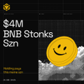 The image features a profile-style graphic with a gray placeholder avatar of a yellow smiley face character wearing a hat, set against a dark grid background. Prominent text reads "$4M BNB Stonks Szn" in the center, with the Binance logo in the top left corner. In the bottom left, there is small text that appears to read "beachstone" along with smaller, partially legible text below it. The image relates to the accompanying post by celebrating a $4 million milestone in BNB (Binance Coin), fitting the triumphant "see you in the trenches" message tagged with @BNBCHAIN.