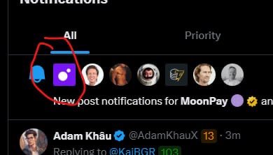 A social media notifications screen showing 'All' and 'Priority' tabs, with 'New post notifications for MoonPay' circled in red, and a visible tweet from Adam Khau (@AdamKhauX) replying to @KaiBGR with '103'.