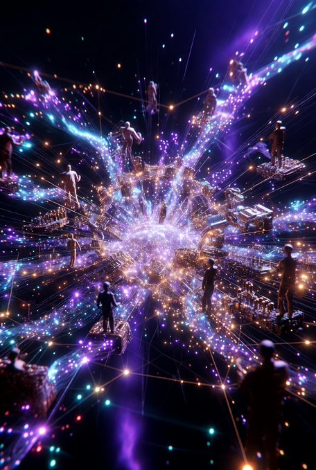A vibrant digital artwork features multiple silhouetted figures standing on fragmented platforms connected by glowing lines of light, converging toward a bright central nexus in a dark, starry space.