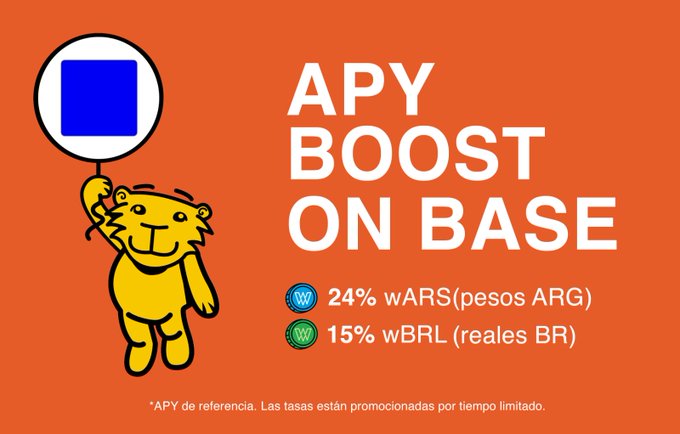 The image features a cartoon tiger holding up a blue sign with white text that reads "APY boost on base". The sign also includes some numbers, likely representing the number of pesos or Brazilian real needed for the offer.