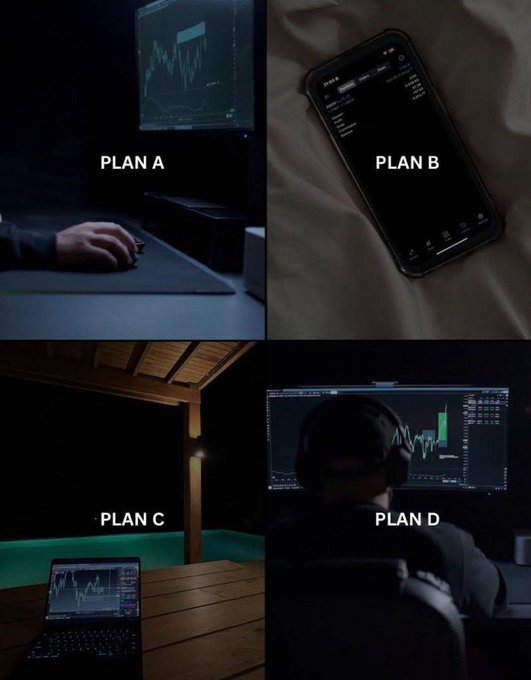 A four-panel meme shows different scenarios labeled 'PLAN A' through 'PLAN D', depicting a person using a computer, a phone showing trading charts, a laptop by a pool, and someone trading at a desk.