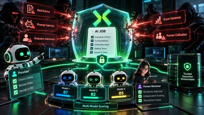 A futuristic infographic depicting an AI JOB scoring process, featuring a central hologram, three robot models (Model 1: 87, Model 2: 82, Model 3: 85), a human reviewer, and labels highlighting threats like 'Bad Rubrics,' 'Prompt Injection,' 'Evaluator Substitution,' 'Score Variance,' and 'Human Collusion.'