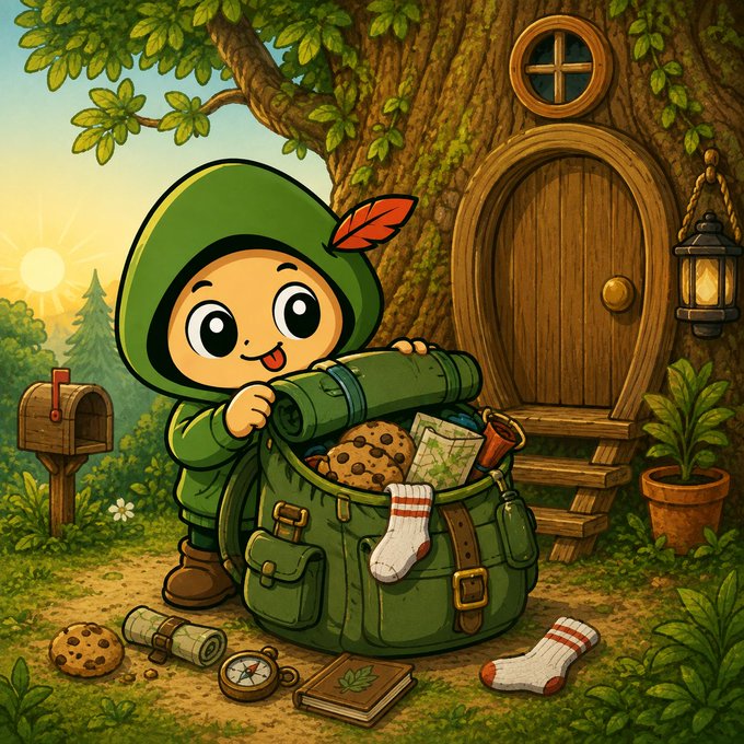 A cheerful cartoon character in a green hooded outfit excitedly packs a large green backpack outside a treehouse door, surrounded by scattered items including cookies, a map, and socks. The image directly illustrates the post's narrative of preparing for an adventure, with the overflowing backpack of supplies (mostly snacks like the visible cookies) matching the caption about packing essentials for the journey ahead.