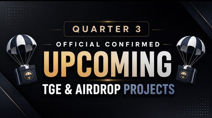 A promotional graphic for cryptocurrency projects with the text "QUARTER 3 OFFICIAL CONFIRMED UPCOMING TGE & AIRDROP PROJECTS" displayed prominently in white and gold lettering against a dark background, flanked by two parachute-and-crate illustrations symbolizing token airdrops. The image visually reinforces the post's announcement of officially confirmed Q3 TGE and airdrop projects, including Perceptron Network, DAC Testnet, GRVT, Gaea Labs, Pheasant Network, Veera, Goldfish, and Zetarium.