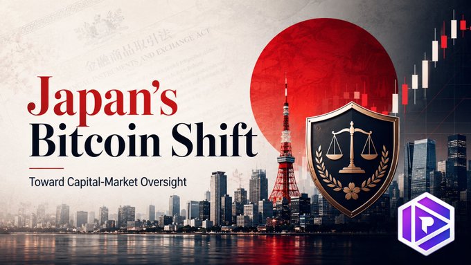 News graphic titled 'Japan's Bitcoin Shift: Toward Capital-Market Oversight' showing Tokyo Tower, the Japanese flag, a scales-of-justice shield, and a candlestick chart.