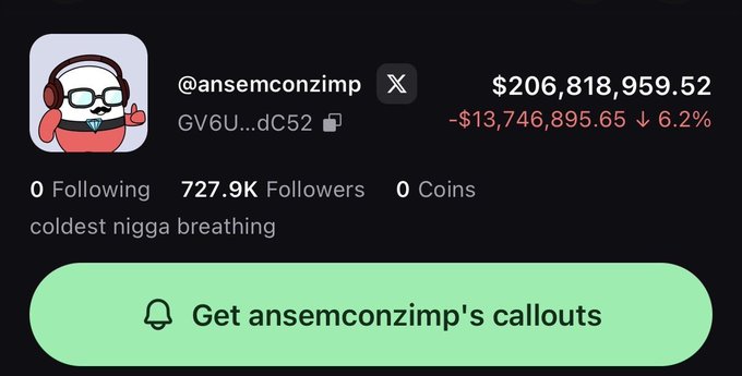 This image shows the Pump.fun profile for @ansemconzimp, displaying his current meme coin holdings and a recent loss of $13.7 million. The post uses this image to highlight the financial situation of @ansemconzimp.