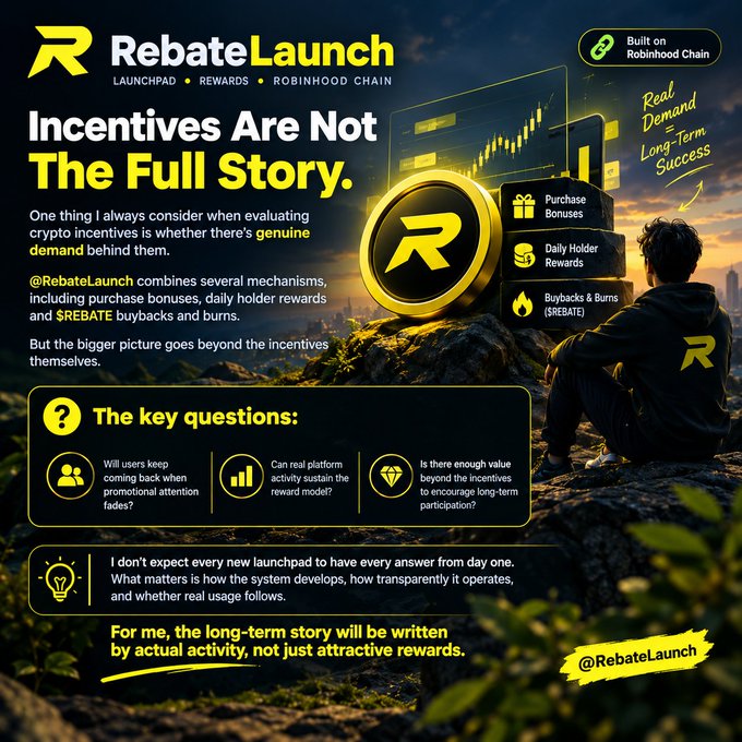 A black-and-yellow RebateLaunch promotional poster reading “Incentives Are Not The Full Story.” It discusses purchase bonuses, daily holder rewards, buybacks, burns, genuine demand, and long-term participation.