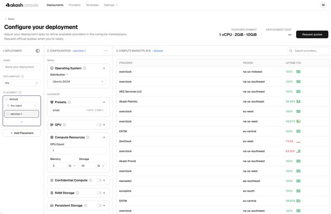 The image shows the Akash Console deployment configuration page, where users can adjust their deployment specs to view available compute marketplace providers, with the example configured for a service-1 deployment running Ubuntu 24.04 with 1 vCPU, 2GB memory, and 10GB storage. The page displays a marketplace listing providers like Overclock, AES Services LLC, and Akash Provider across various regions (e.g., na-us-midwest, na-us-southwest, eu-west) with uptime percentages and pricing, illustrating the streamlined onboarding and deploy flow mentioned in the announcement.