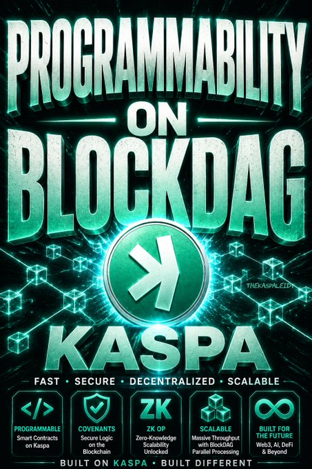 Promotional graphic for 'PROGRAMMABILITY ON BLOCKDAG KASPA' highlighting features like programmable smart contracts, covenants, ZK OP, scalable BlockDAG processing, and Web3/DeFi compatibility with the Kaspa logo.