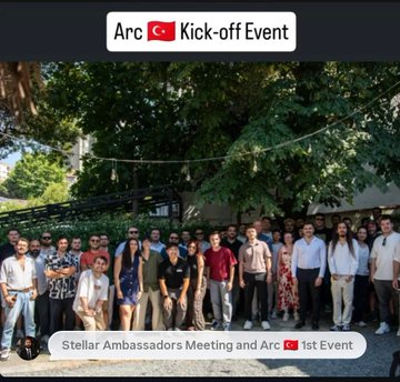 A group photo from the 'Arc Kick-off Event' with the caption 'Stellar Ambassadors Meeting and Arc 1st Event' showing attendees gathered outdoors.
