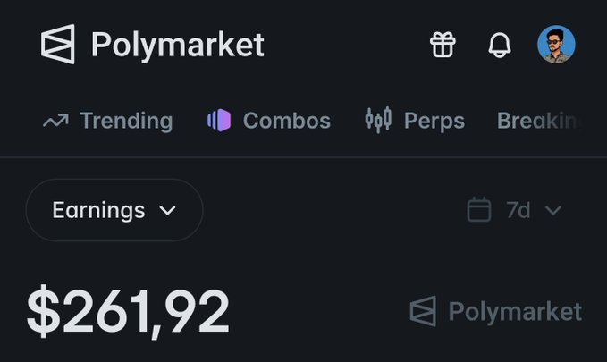 A screenshot of a Polymarket account showing $261.92 in earnings over the past 7 days, illustrating the post's point about a mentor generously sharing referral commission earnings with their community.