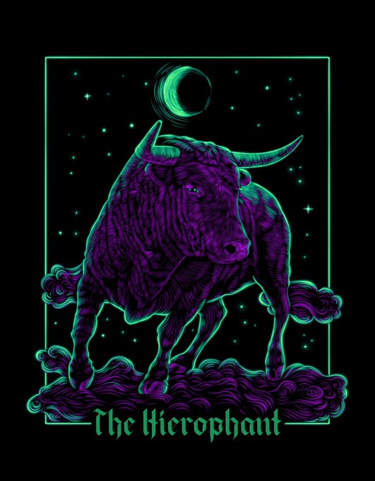 A neon-style tarot card illustration on a black background depicting a purple bull beneath a crescent moon and stars, labeled 'The Hierophant' in gothic green lettering.