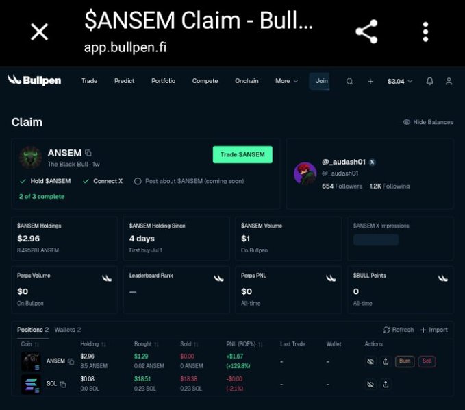 A screenshot of the Bullpen claim page showing $ANSEM stats with 0 X impressions and only "2 of 3 complete," supporting the user's complaint about a tracking issue.