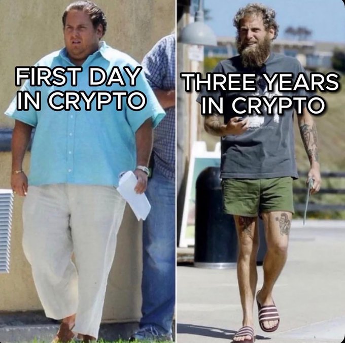 A split image meme shows a man in two states: 'FIRST DAY IN CRYPTO' looking well-groomed in a blue shirt, and 'THREE YEARS IN CRYPTO' looking unkempt with a beard, tattoos, and casual clothes.