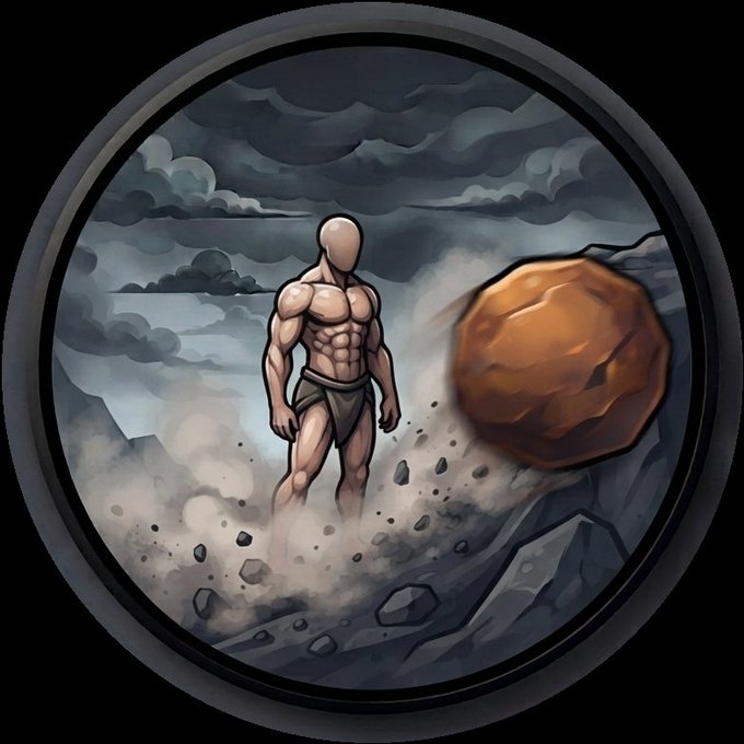 A circular icon depicting a muscular man wearing only a loincloth standing on rocky terrain as a large boulder hurtles toward him amid dust and debris under a cloudy sky.