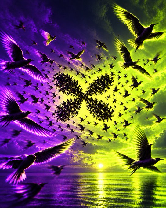 A surreal, vibrant artwork showing a flock of birds forming the shape of an infinity symbol against a sky that transitions from purple to yellow-green, with a sun setting over a reflective ocean.