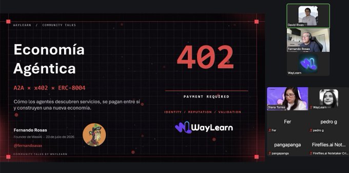 A virtual event slide titled 'Economía Agéntica 402' by Fernando Rosas for WayLearn Community Talks, referencing A2A x402 x ERC-8004, with a video call panel showing multiple participants on the right.