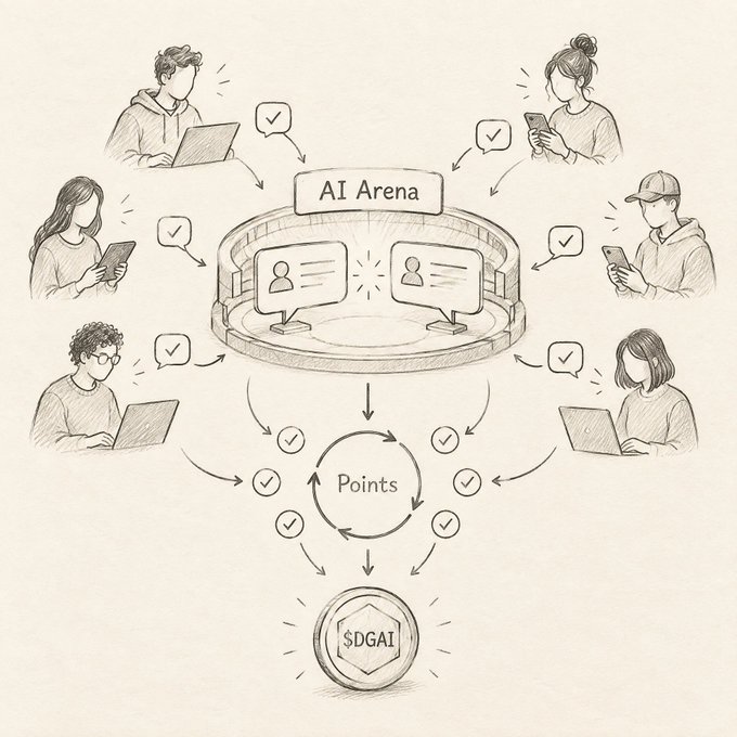 Hand-drawn diagram illustrating an 'AI Arena' where users on devices provide evaluations to earn points that flow into a central '$DGAI' token.