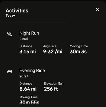 A fitness app's Activities screen for Today showing two workouts: a Night Run at 21:05 covering 3.15 mi with an avg pace of 9:32/mi and 30m 3s moving time, followed by an Evening Ride at 20:27 covering 8.64 mi with 256 ft elevation gain and 30m 55s moving time.