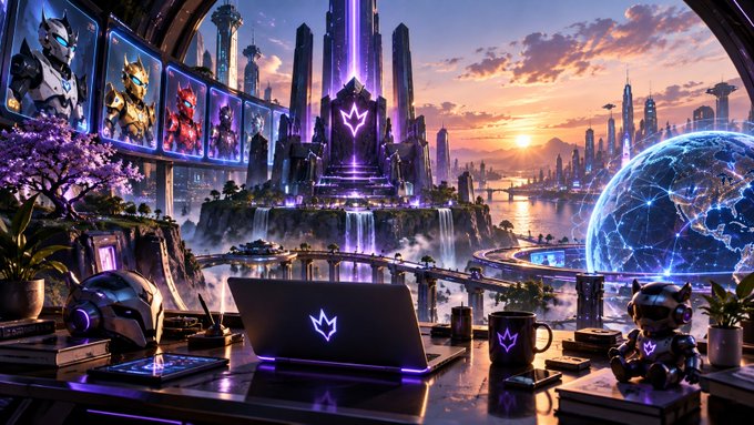 A futuristic cityscape at sunset viewed from a desk featuring a laptop, mug, and small figures, with a glowing purple throne and holographic displays of armored characters in the background.
