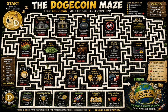 A 'DogeCoin Maze' infographic titled 'FIND YOUR OWN PATH TO GLOBAL ADOPTION!' featuring various challenges and dead ends (Government Overreach, CBDC Trap, Censorship, Inflation, FUD, etc.) leading toward 'Global Adoption' and tools for success.