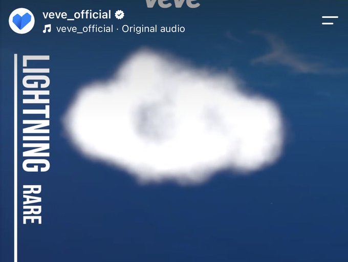 A social media post screenshot from "veve_official" featuring a cloud formation in a blue sky that appears to form the shape of a coin or digital token, with vertical text reading "LIGHTNING RARE."
