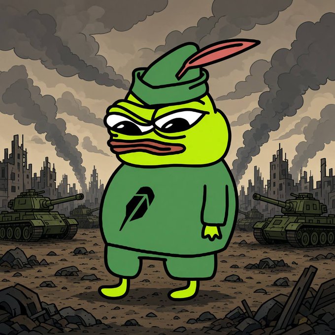 A cartoon illustration of a green Pepe-style character wearing a Robin Hood hat with an 'N' symbol, standing in a destroyed battlefield with tanks and smoke.