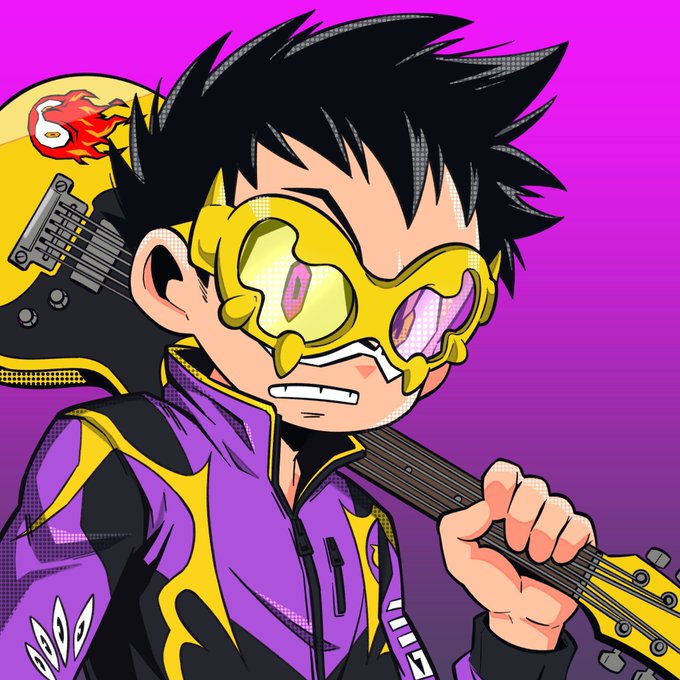 The image features a cartoon boy holding a guitar, wearing a purple jacket with yellow accents. The background of the image is purple, which complements the overall color scheme of the illustration. There are also some text elements present in the image, including the words "giving away" and "@TurcNFT".