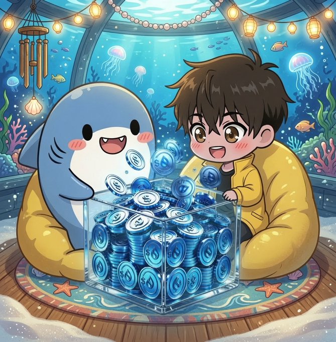 A cute shark and a child joyfully count a large pile of blue coins with a water droplet symbol, representing how to earn on Cetus Protocol by providing liquidity. The image visually depicts the accumulation of assets, aligning with the post's theme of exploring opportunities to earn.