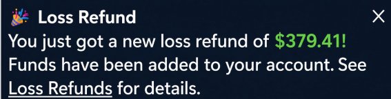 A DraftKings notification announcing 'Loss Refund' of $379.41, with funds added to the user's account.